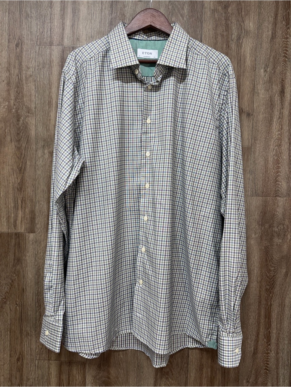 Eton blue and green checked long-sleeve dress shirt